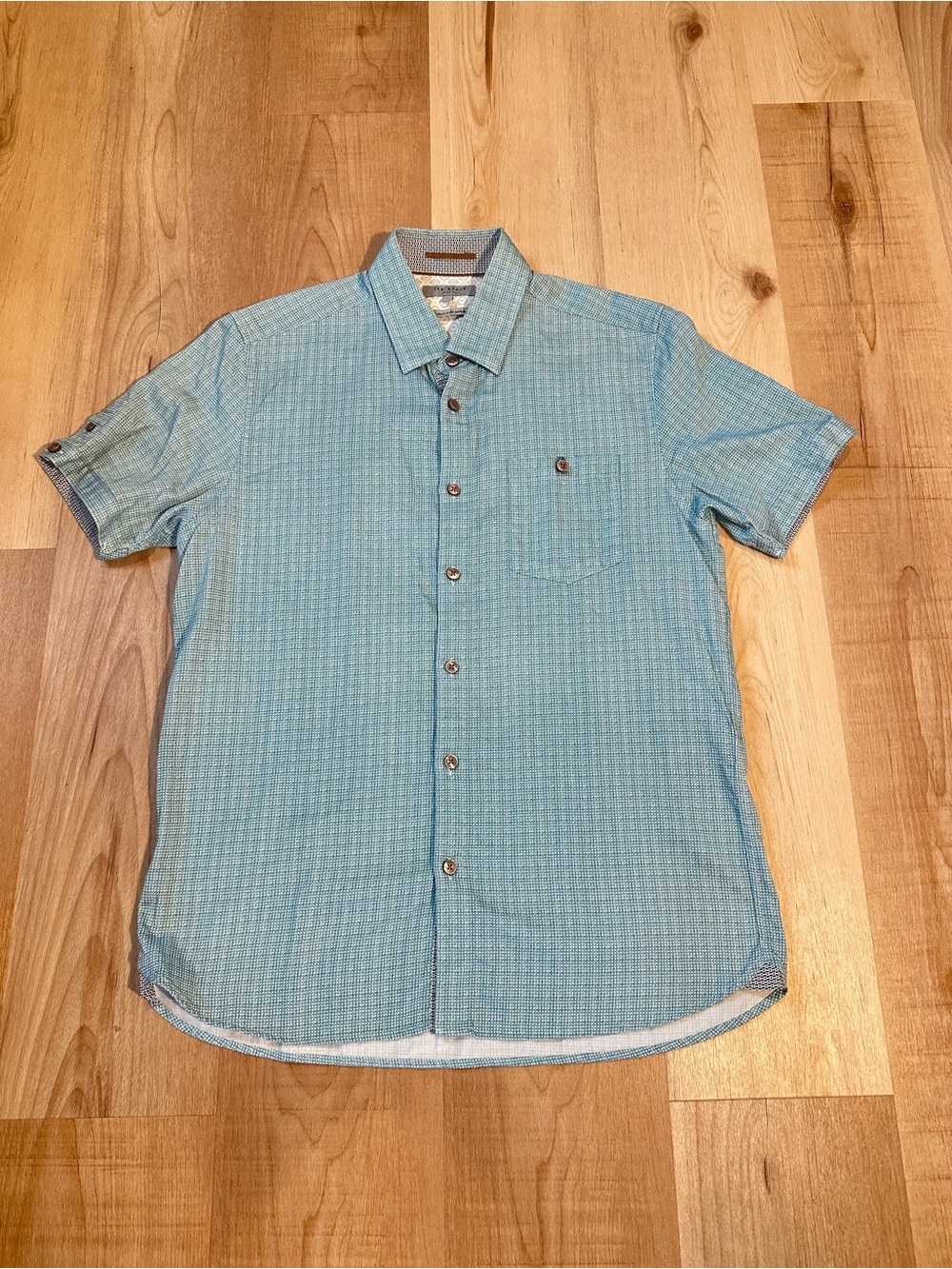 Ted Baker London Button Down Shirt Teal Excellent Micro-Check Cotton Men's 4/L